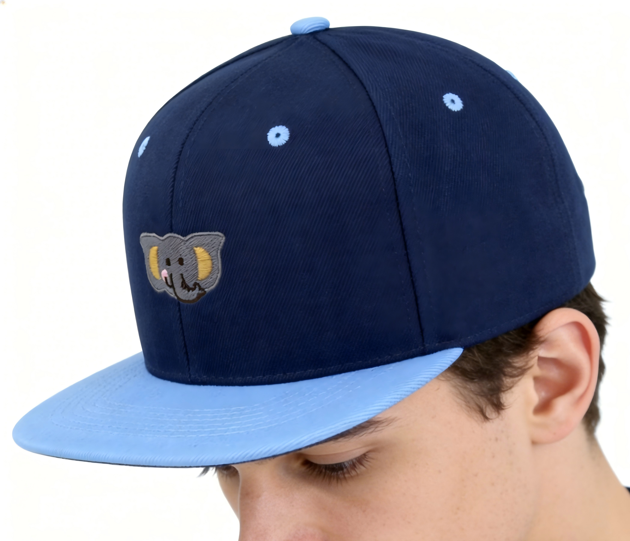 Customize Embroidered Flat Brim Snapback Hat for Unisex Navy Blue with Light Blue Adjustable Cap for Casual Streetwear Polyester