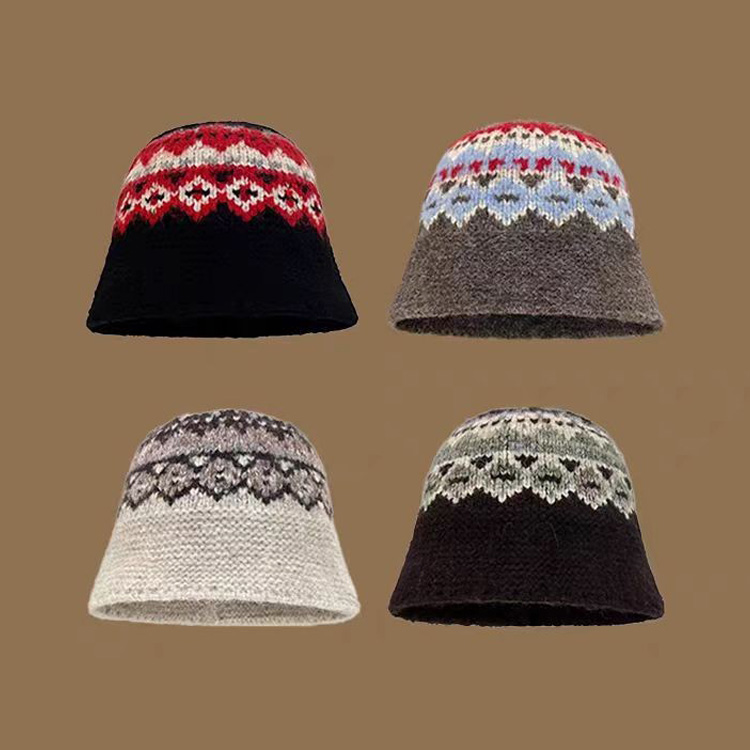 Retro Jacquard Wool Knitted Hat - Winter Woolen Fisherman Bucket Hat for Warmth and Insulation