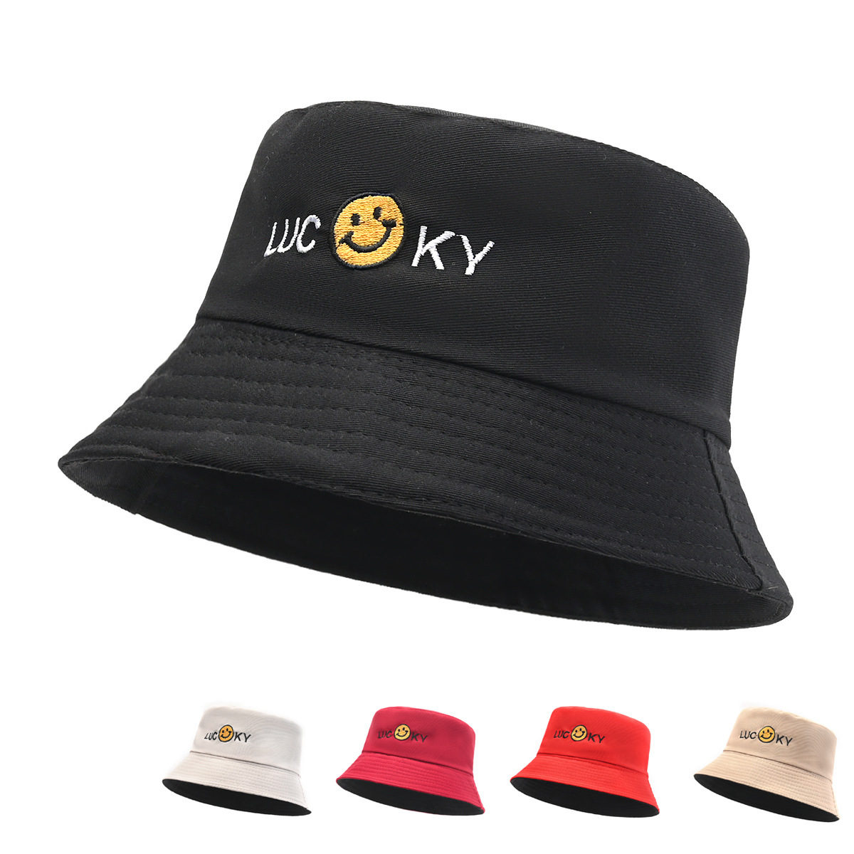 Spring Summer Double Sided Fisherman Cap Women's Men's Cartoon Embroidered Happy Face Sun Protection 100% Polyester Hat for