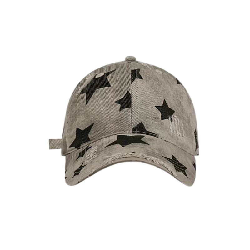Distressed Washed Twill Dobby Star Print Denim Baseball Cap Unisex Vintage Dad Hat Common for Spring Autumn Streetwear