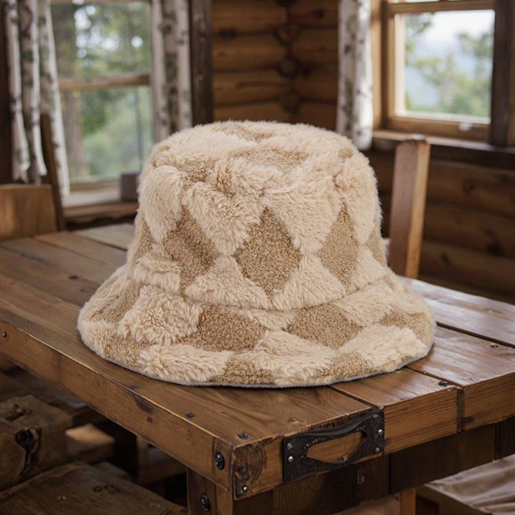 Original Brown Toffee Sherpa Check Bucket Hat Custom Logo Cartoon Wide Brim Winter Hat for Men Women for Fishing Ski Velour