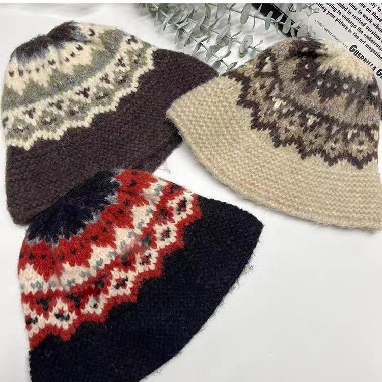 Retro Jacquard Wool Knitted Hat - Winter Woolen Fisherman Bucket Hat for Warmth and Insulation