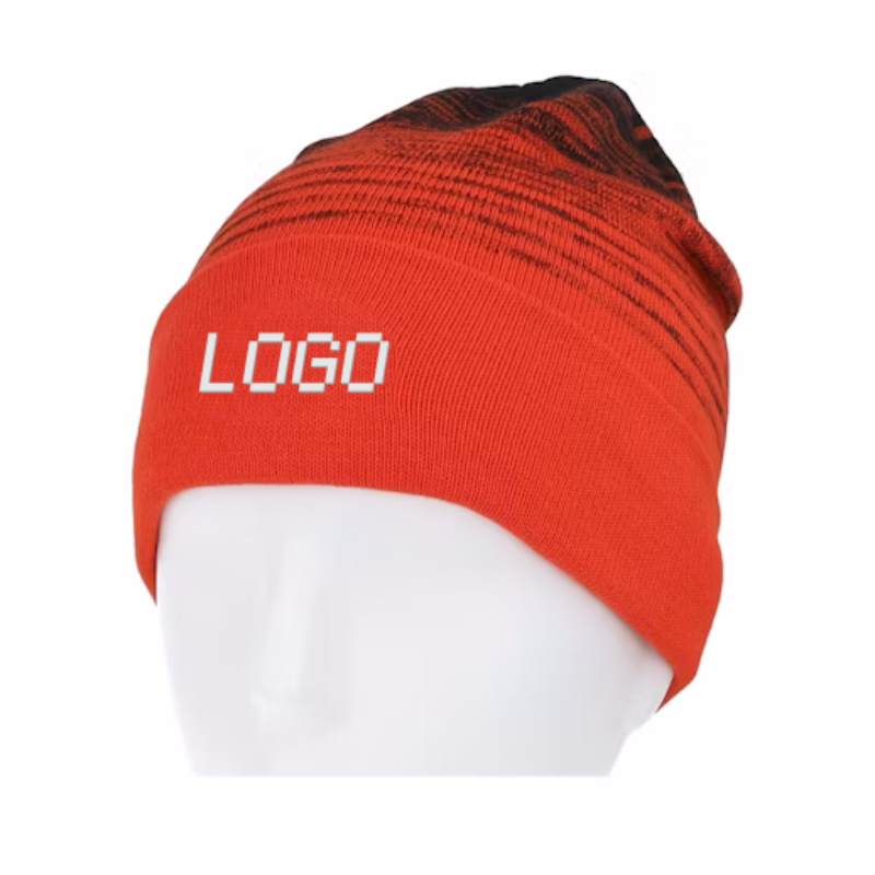 Custom Logo Winter Warm Knit Skull Cap Gradient Black Fiery Red Beanie with Soft Cuff Fashionable for Women Men for Beach Scene