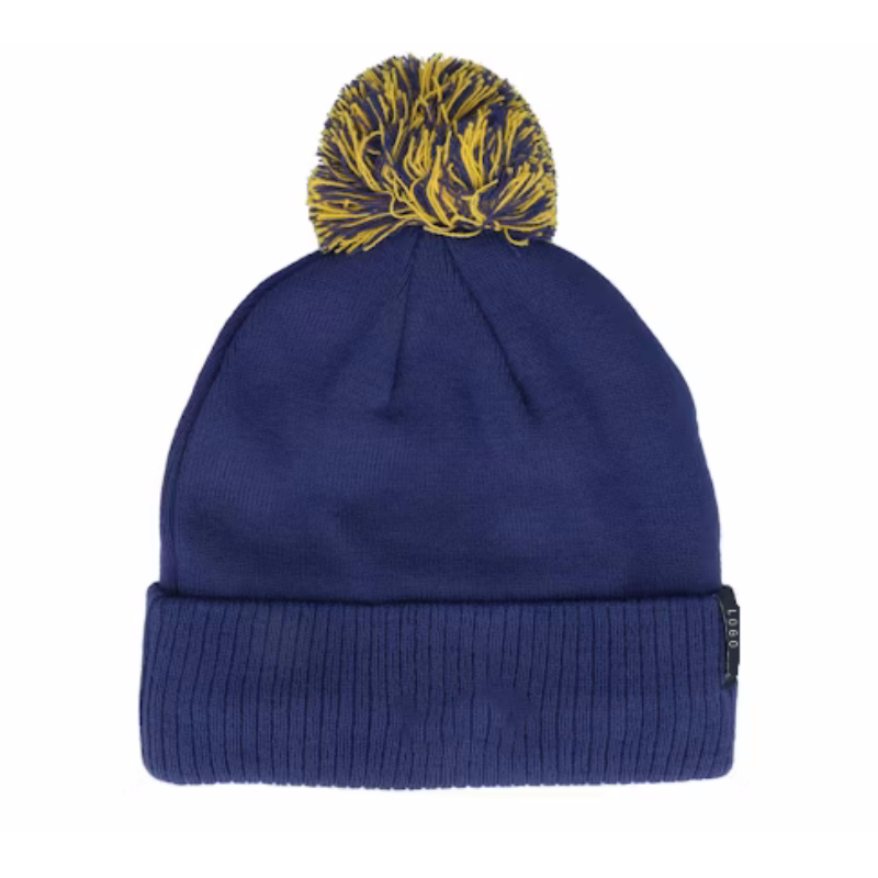Design Your Own Plain Navy Blue Beanie With Pom Warm Knit Skull Cap Soft Cuff Beanie Fully Custom Logo Winter Hat for Men Women