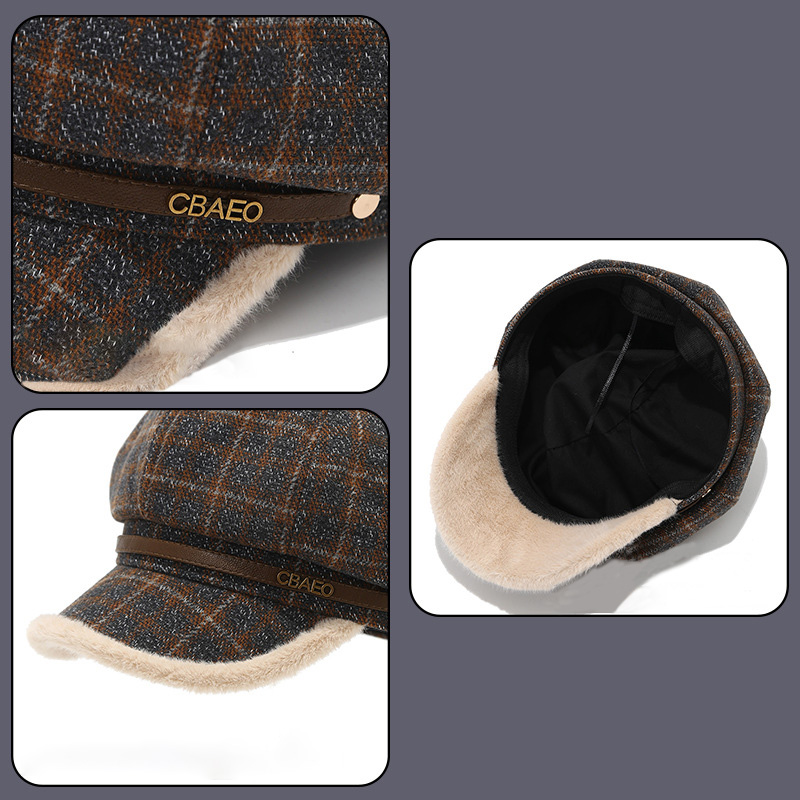 Customized High-quality Letter-patterned Checked Plush Beret. Women's Fall and Winter Warm Octagonal Hat. Fashionable Hat