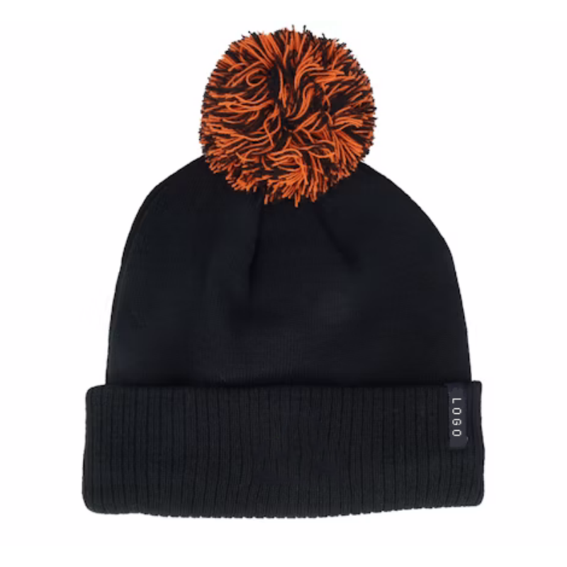 Design Your Own Plain Black Beanie With Pom Warm Knit Skull Cap Soft Cuff Beanie Fully Custom Logo Winter Hat for Men Women Kids