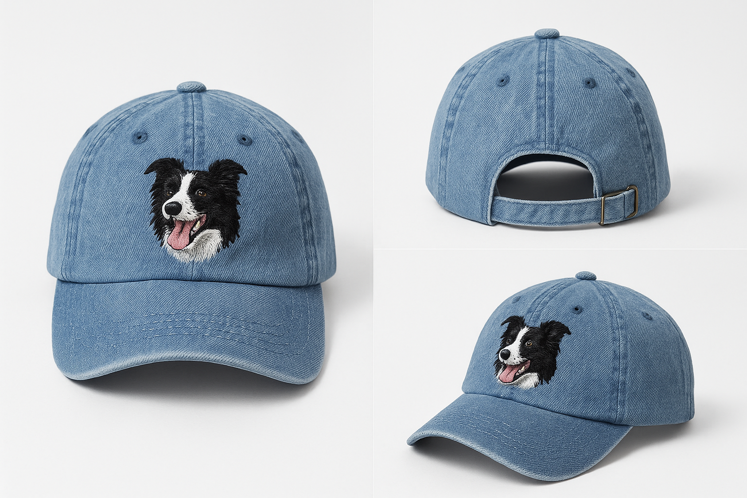 Men's Border Collie Embroidered Blue Adjustable Cotton Denim Baseball Cap
