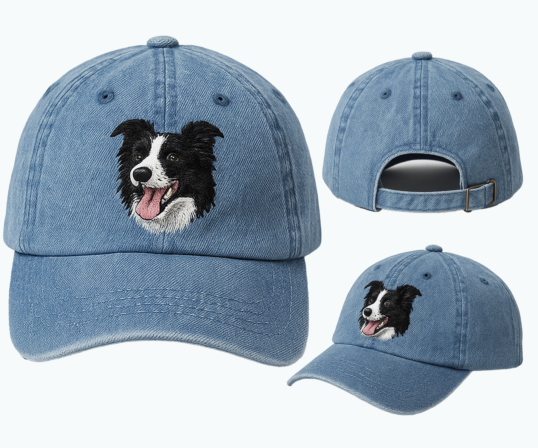 Men's Border Collie Embroidered Blue Adjustable Cotton Denim Baseball Cap