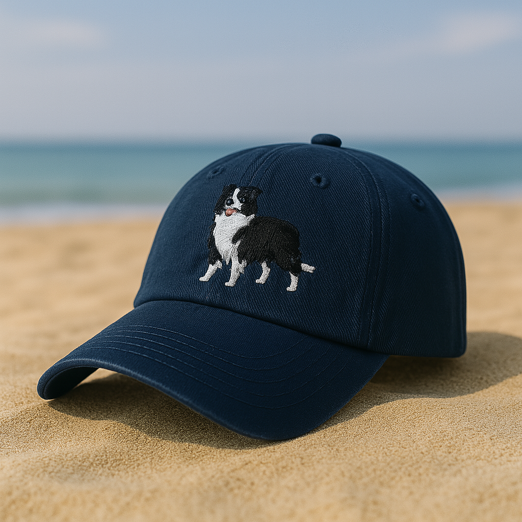 Men's Border Collie Embroidered Dark Blue Adjustable Cotton Denim Baseball Cap