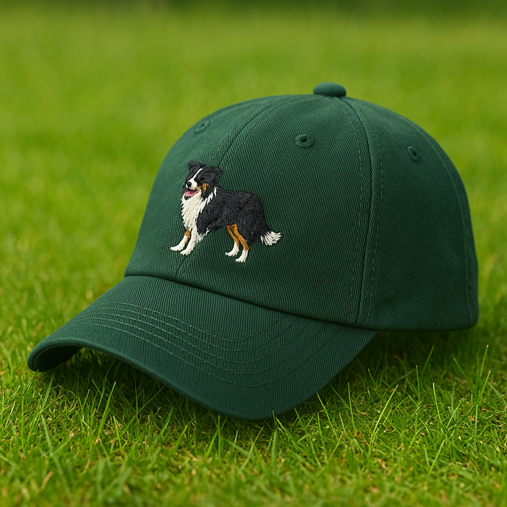 Men's Border Collie Embroidered Green Adjustable Cotton Denim Baseball Cap