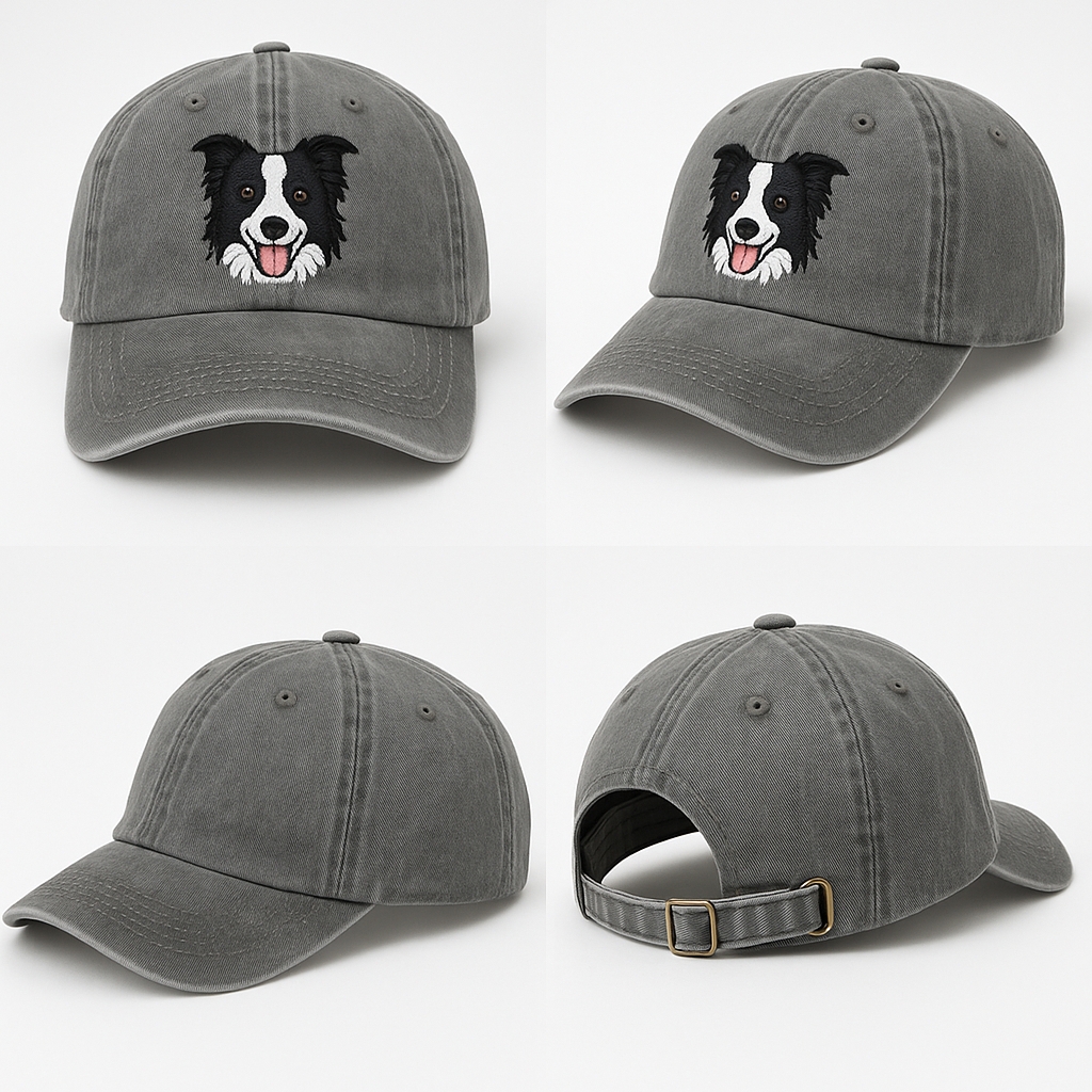 Men's Border Collie Embroidered gray Adjustable Cotton Denim Baseball Cap