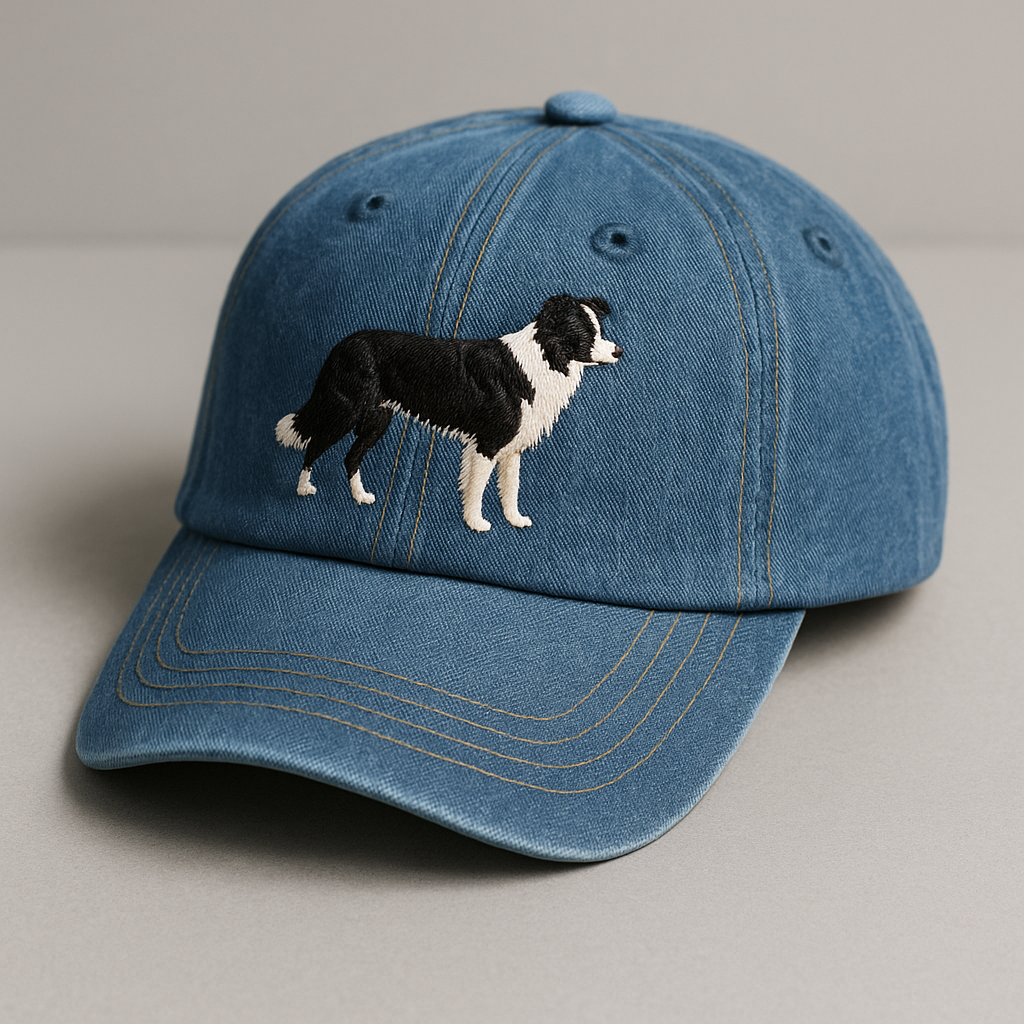 Men's Border Collie Embroidered Gray Adjustable Cotton Denim Baseball Cap