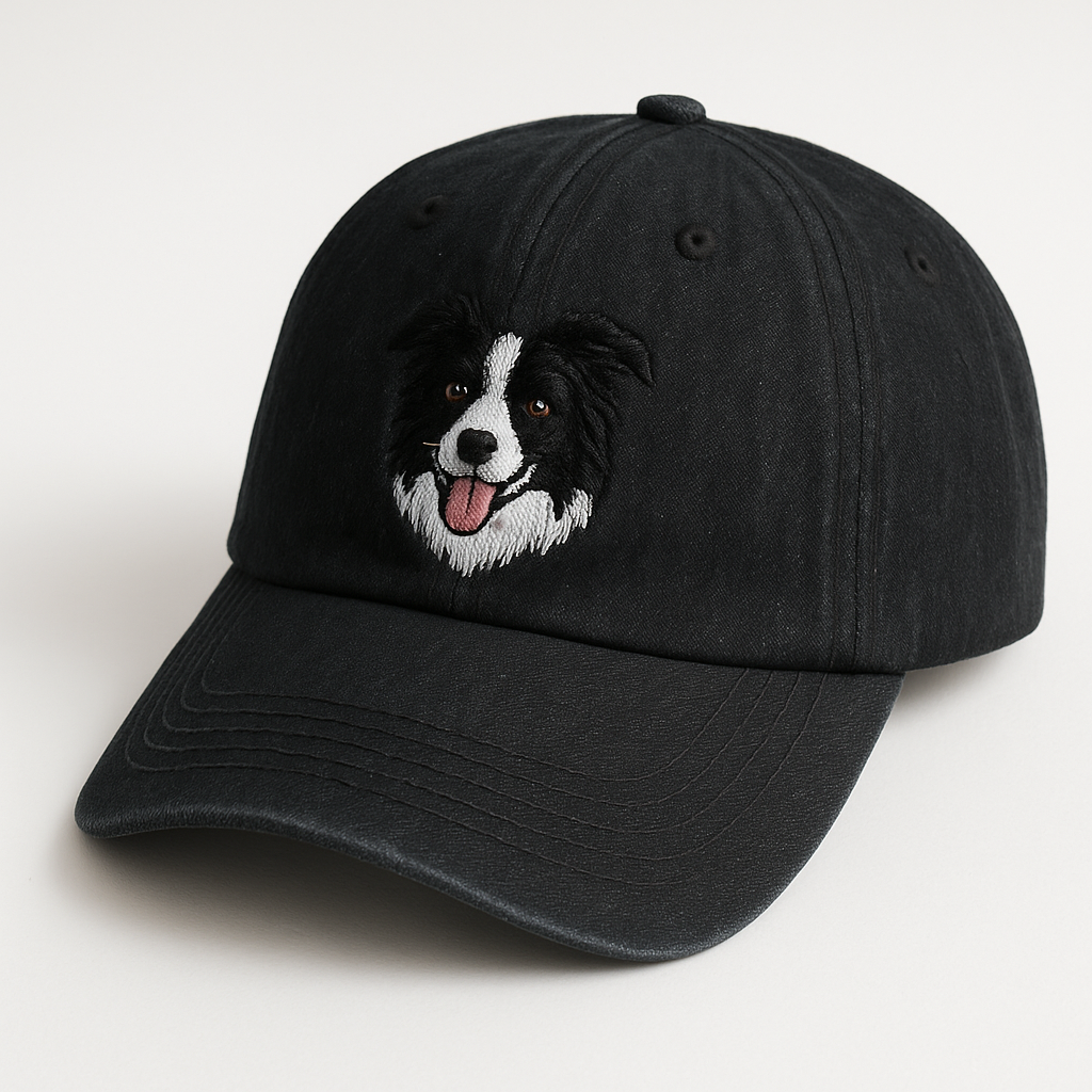 Men's Border Collie Embroidered Black Adjustable Cotton Denim Baseball Cap