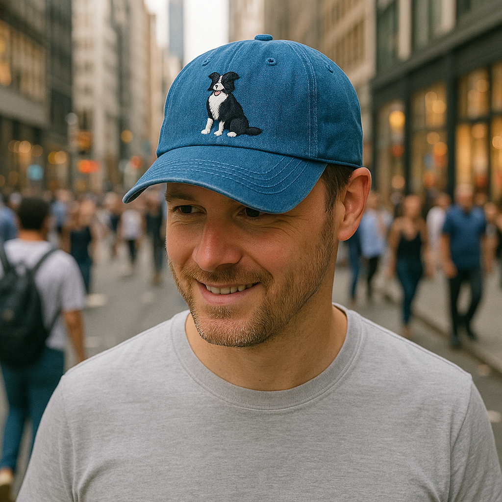 Men's Border Collie Embroidered Gray Adjustable Cotton Denim Baseball Cap