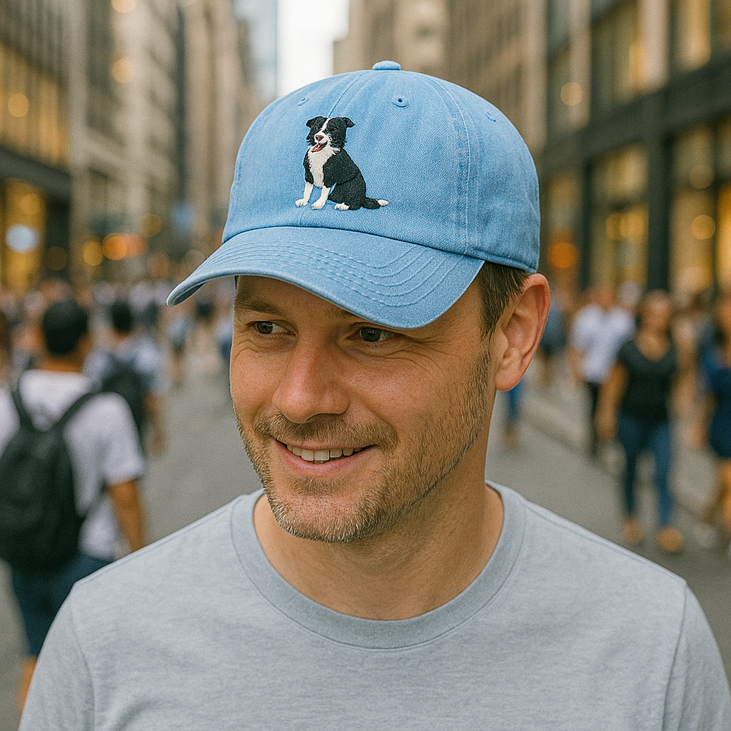 Men's Border Collie Embroidered Gray Adjustable Cotton Denim Baseball Cap
