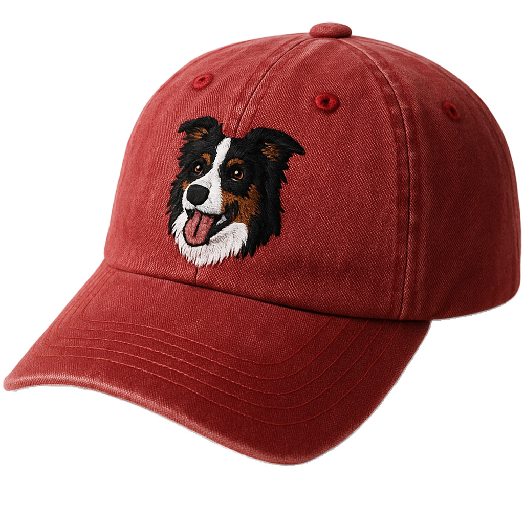 Red Cotton Embroidered Border Collie Baseball Cap Adjustable Unisex Casual Outdoor Hat