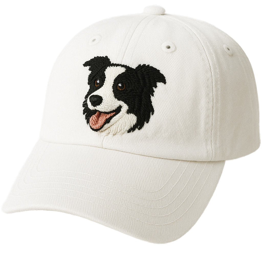 White Cotton Embroidered Border Collie Baseball Cap Adjustable Unisex Casual Outdoor Hat