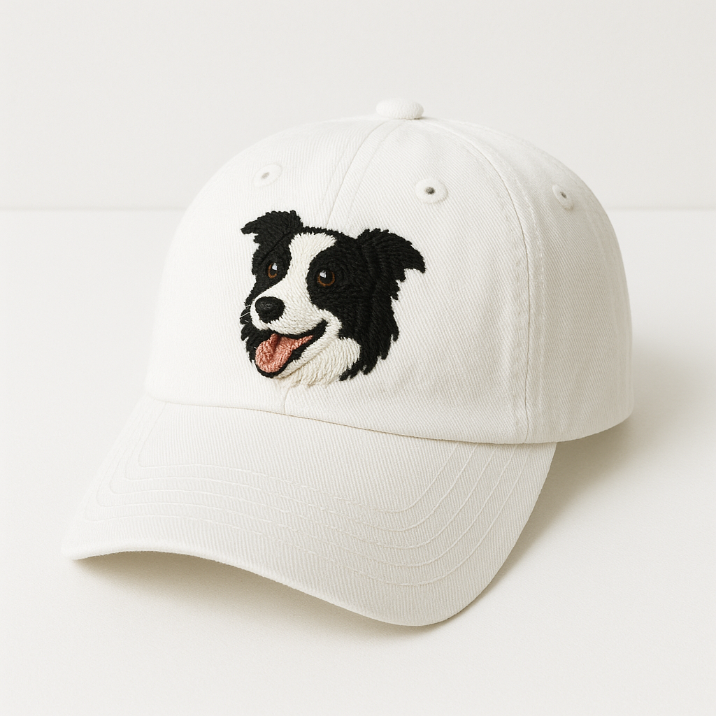 White Cotton Embroidered Border Collie Baseball Cap Adjustable Unisex Casual Outdoor Hat