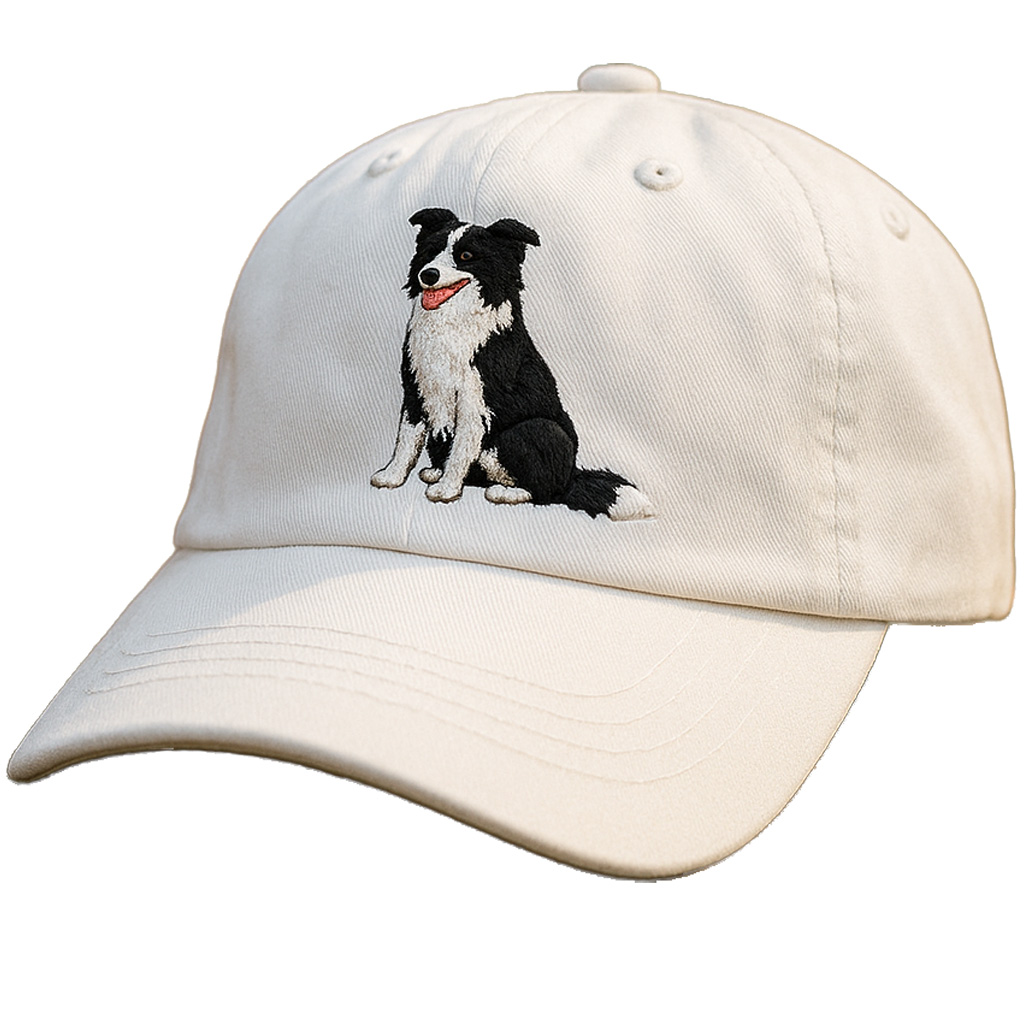 Men's Border Collie Embroidered White Adjustable Cotton Denim Baseball Cap