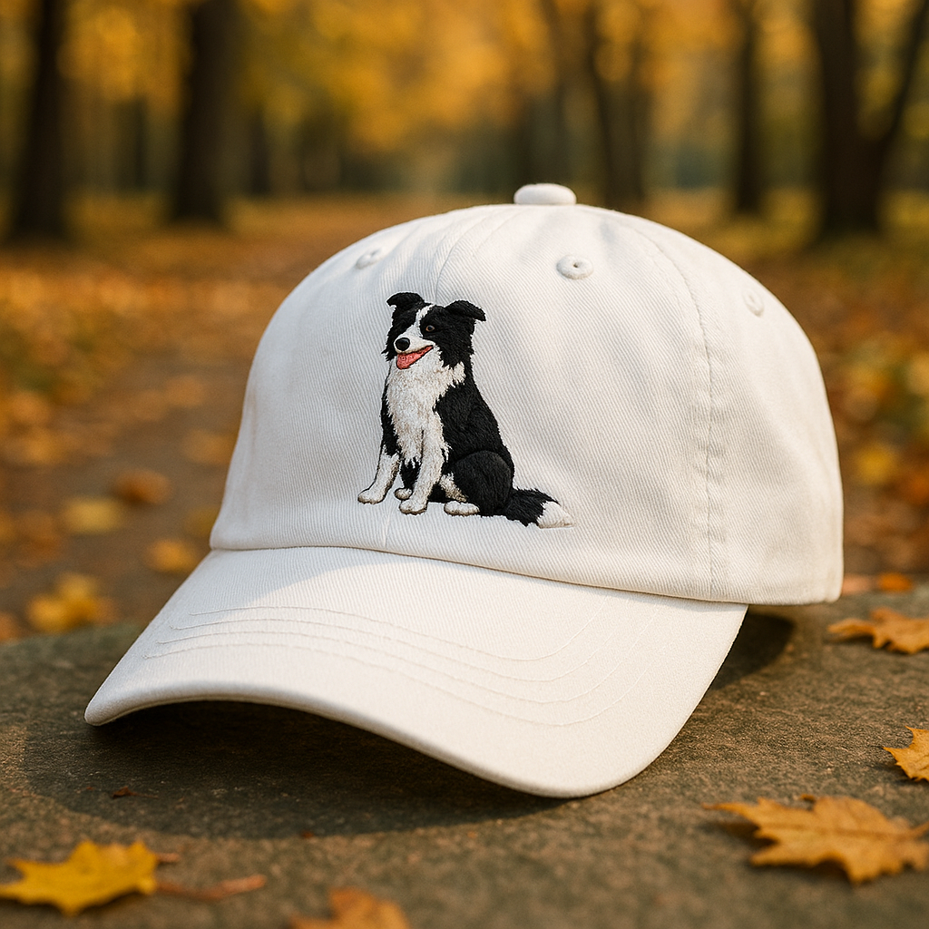 Men's Border Collie Embroidered White Adjustable Cotton Denim Baseball Cap