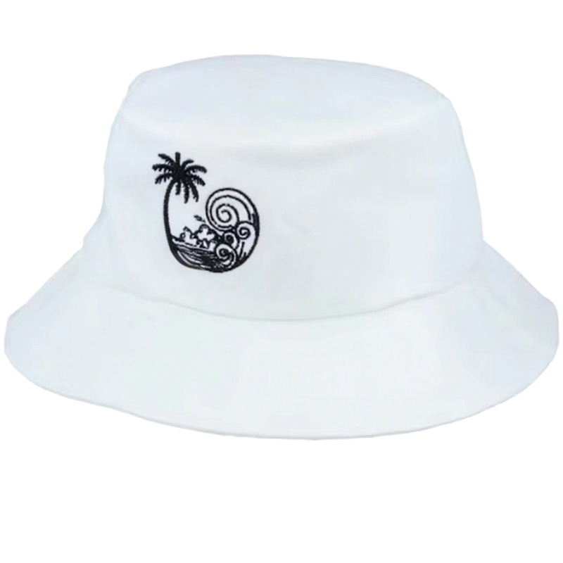High Quality Custom Designer Embroidered Sunny Waves White Bucket Hat Beach Style Fisherman Logo Men Women Bikini Sun Protection