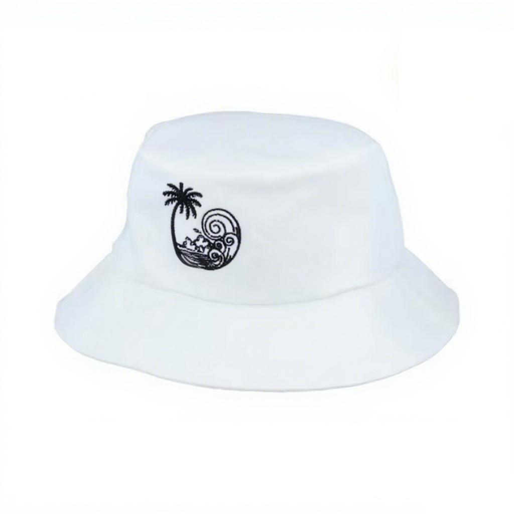 High Quality Custom Designer Embroidered Sunny Waves White Bucket Hat Beach Style Fisherman Logo Men Women Bikini Sun Protection