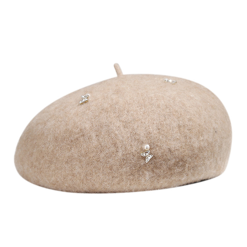Customized Rhinestone Butterfly Decoration Woolen Beret Ladies Fashionable Casual Warm Autumn Winter Travel Painter's Hat