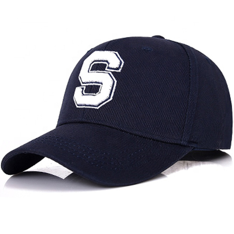 Custom 100% Cotton 3d Embroidered Letter S Logo 6 Panel Baseball Cap Curved Bill Sports Hat