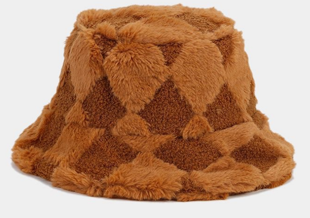 Original Brown Toffee Sherpa Check Bucket Hat Custom Logo Cartoon Wide Brim Winter Hat for Men Women for Fishing Ski Velour