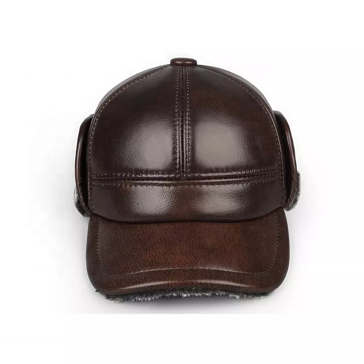 High Quality PU Leather Baseball Cap Winter Warm with Curved Brim and Faux Fur Lining