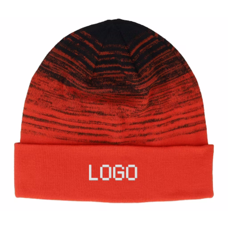 Custom Logo Winter Warm Knit Skull Cap Gradient Black Fiery Red Beanie with Soft Cuff Fashionable for Women Men for Beach Scene