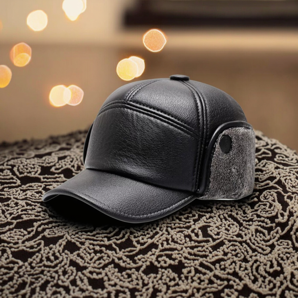Custom Black Leather Baseball Dad Hat for Men BSCI Certified Winter Warm Vintage Cap with Embossed Logo High Quality Style Image