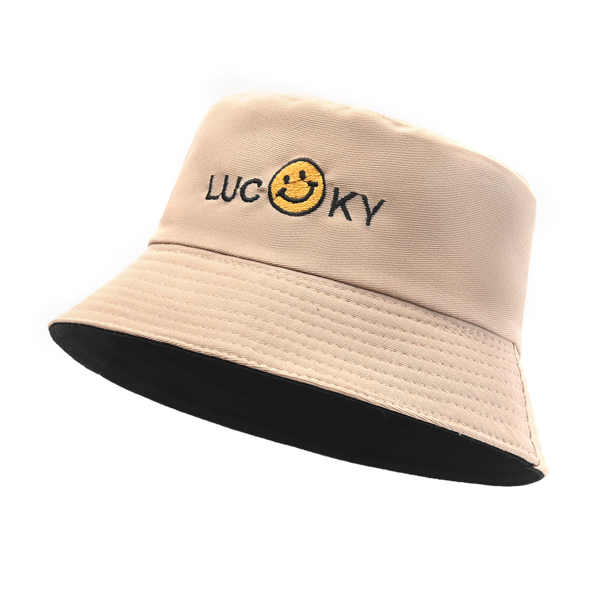 Spring Summer Double Sided Fisherman Cap Women's Men's Cartoon Embroidered Happy Face Sun Protection 100% Polyester Hat for