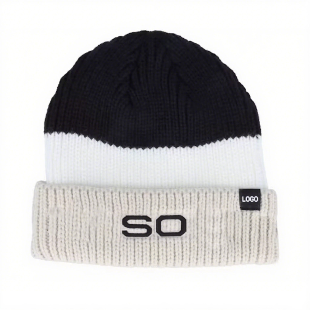 Custom Embroidered Logo Soft Warm Winter Acrylic Colorblock Beanie Knit Skull Cap Soft Cuff for Daily Use for Women Men Beach