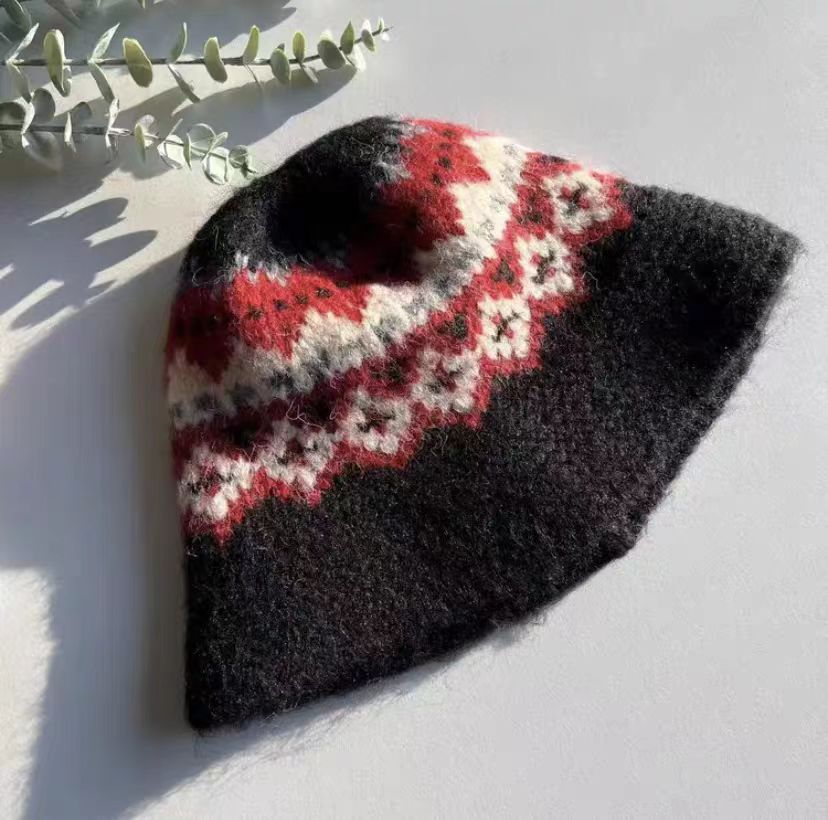 Retro Jacquard Wool Knitted Hat - Winter Woolen Fisherman Bucket Hat for Warmth and Insulation