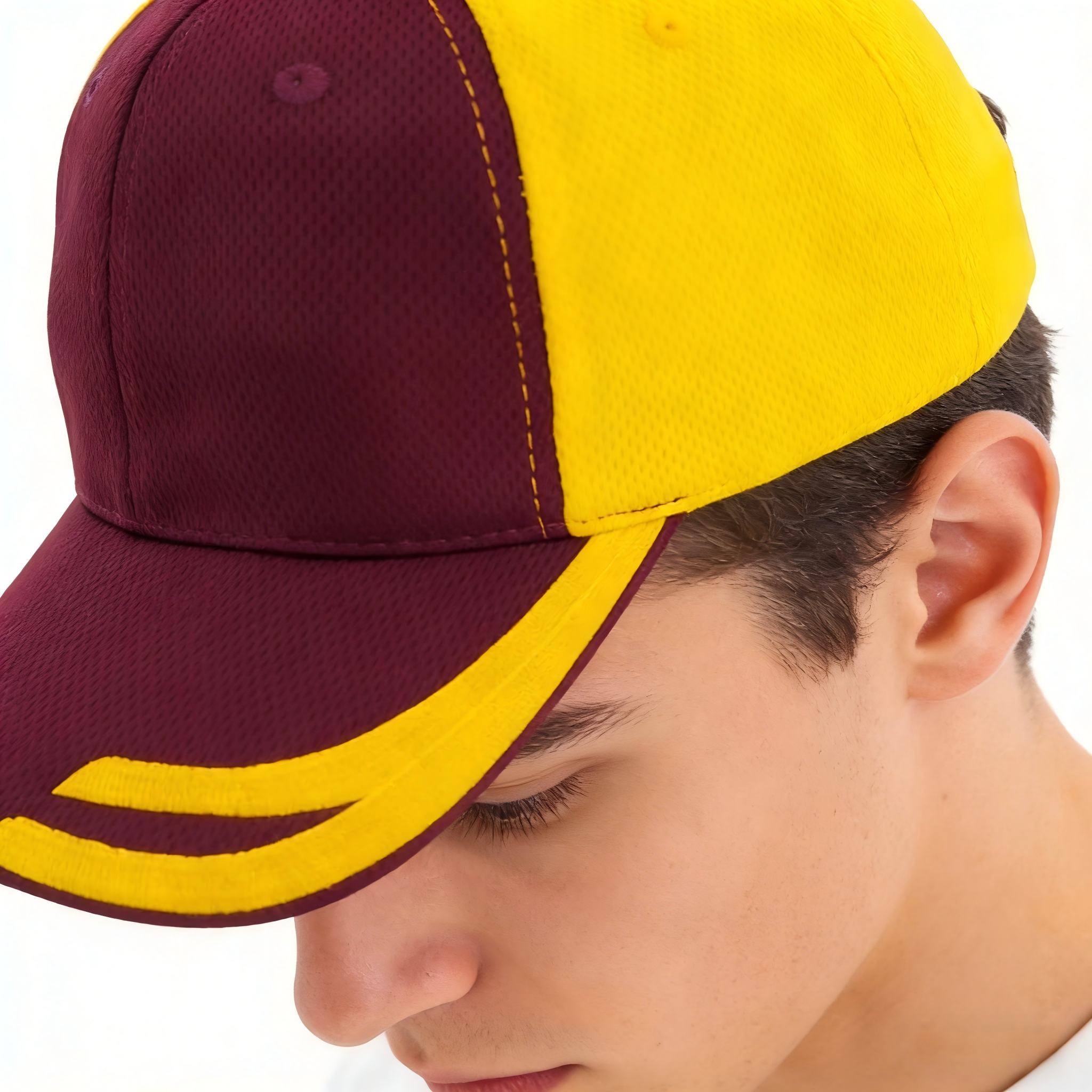 Premium Breathable Maroon Yellow Mesh Baseball Cap for Unisex Outdoor Sports Hat Embroidered Logo Adjustable Cap for Running