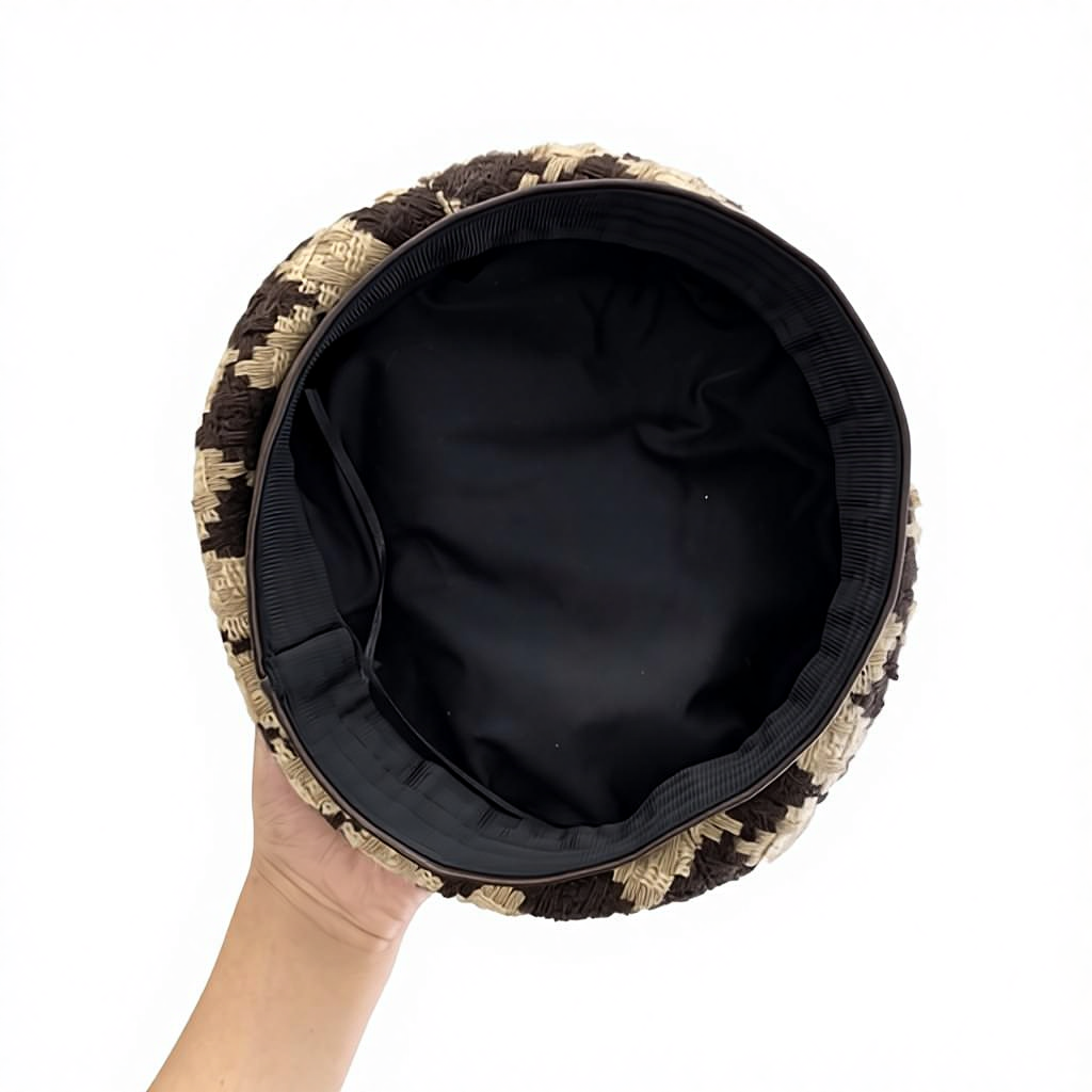 Leather-Trimmed Beret - Wool Knit Houndstooth Pattern, Fall/Winter Fashion Artist Hat