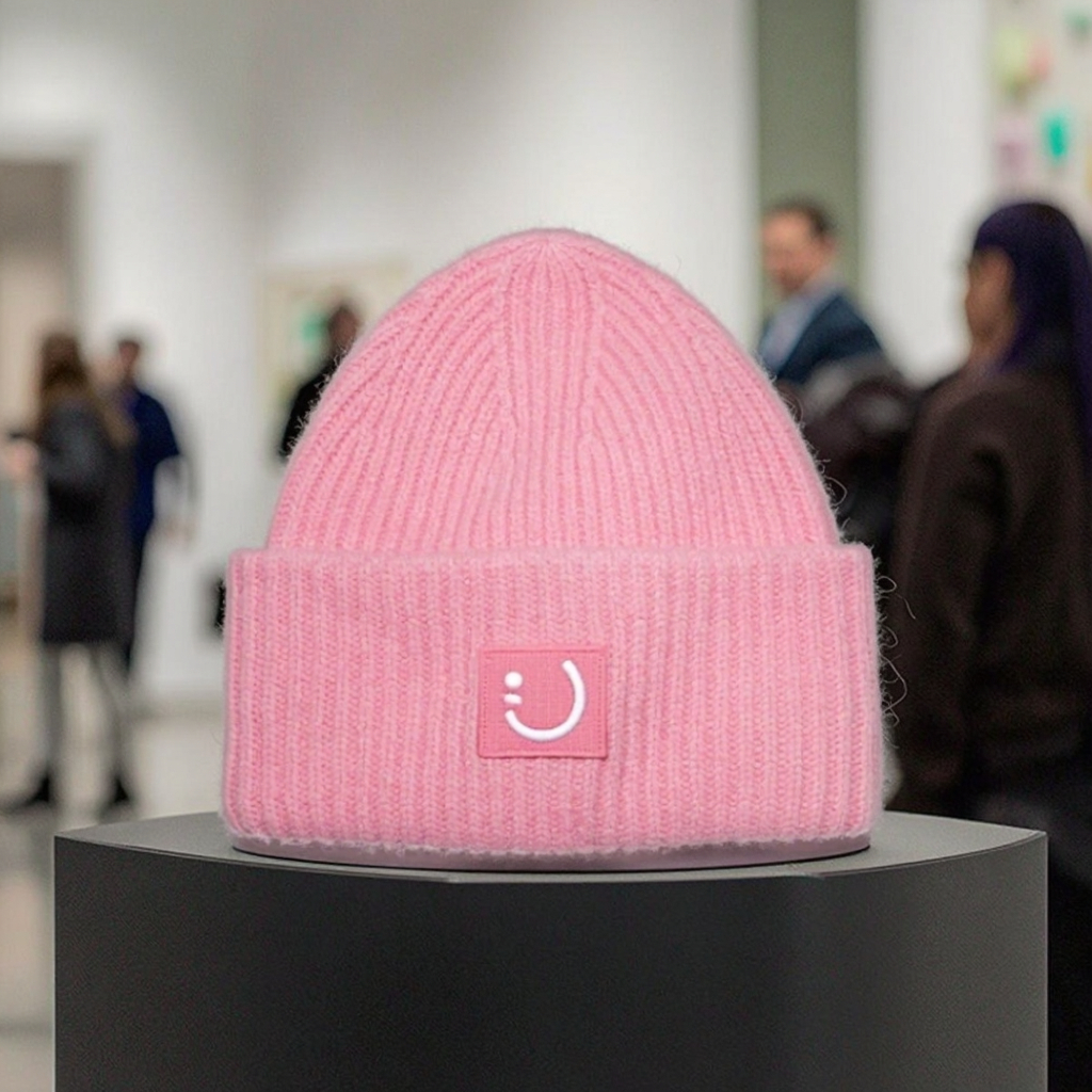 Cozy Winter Coarse Wool Knitted Cap with Embroidered smiley Face logo Patches. Ribbed Details for a Snug Fit, Locking in Warmth