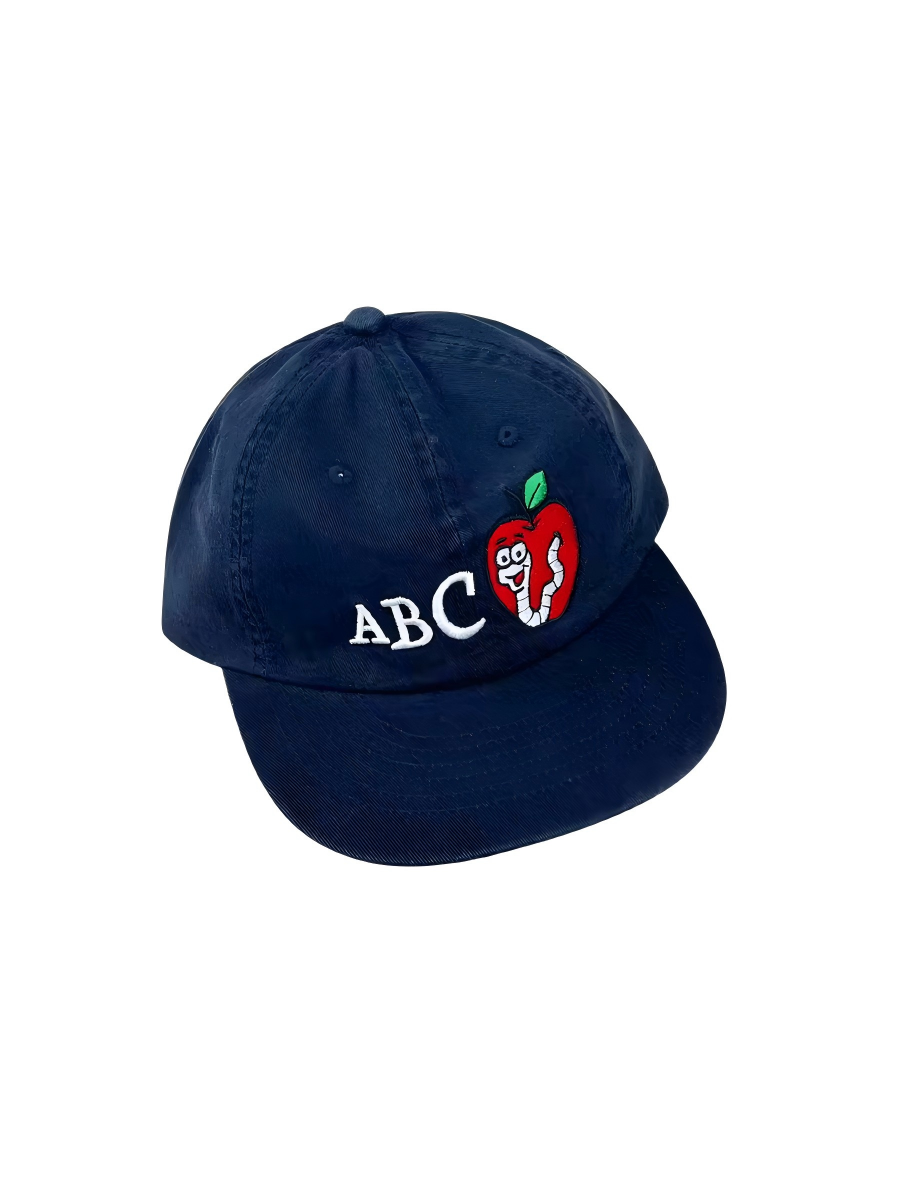 2026 New Navy Blue 6-Panel 100% Cotton ABC Apple Worm Embroidery Flat Brim Baseball Cap Unisex Adjustable Hip Hop Sports Casual