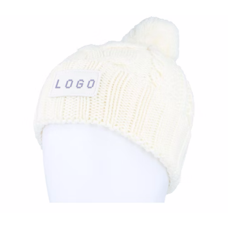 High Quality Wool White Pom Pom Beanie Warm Knit Skull Cap Soft Cuff Beanie Custom Logo Embroidered Patch Winter Hat for Women