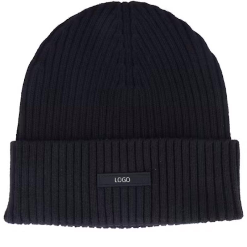 Comfortable Daily Wear Classic Cotton Black Rib Beanie Hats With Custom Logo Warm Winter Hats for Men Women Unisex Knit Cuff Cap