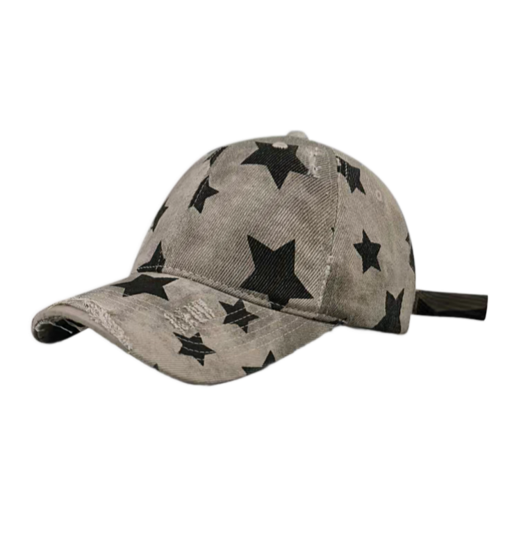 Distressed Washed Twill Dobby Star Print Denim Baseball Cap Unisex Vintage Dad Hat Common for Spring Autumn Streetwear