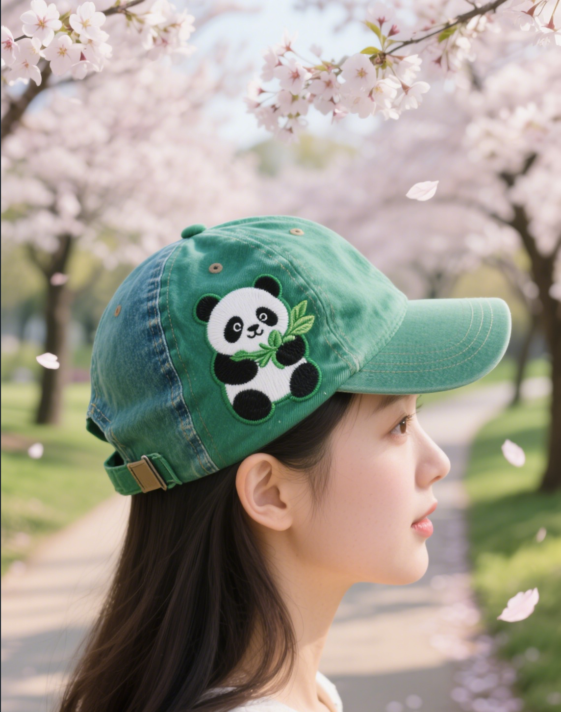 Women's Cute Little Panda Embroidered Adjustable Cotton Denim Baseball Cap