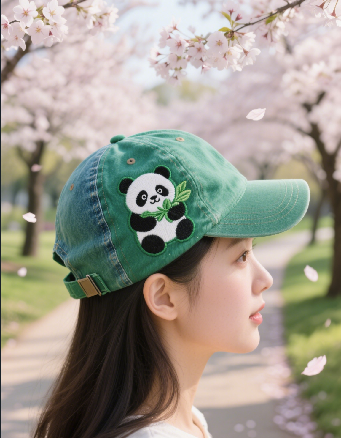 Women's Cute Little Panda Embroidered Adjustable Cotton Denim Baseball Cap