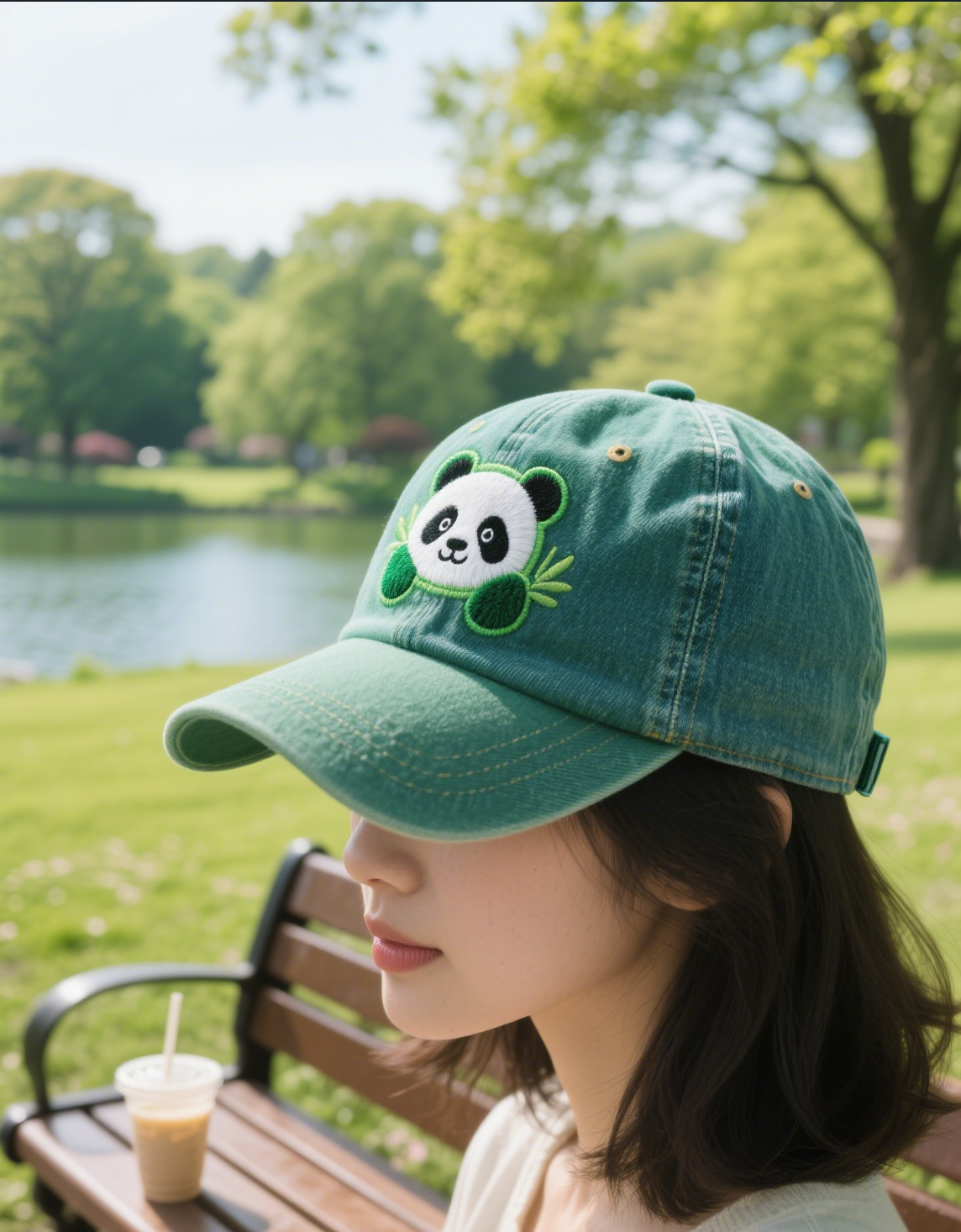 Women's Cute Little Panda Embroidered Adjustable Cotton Denim Baseball Cap