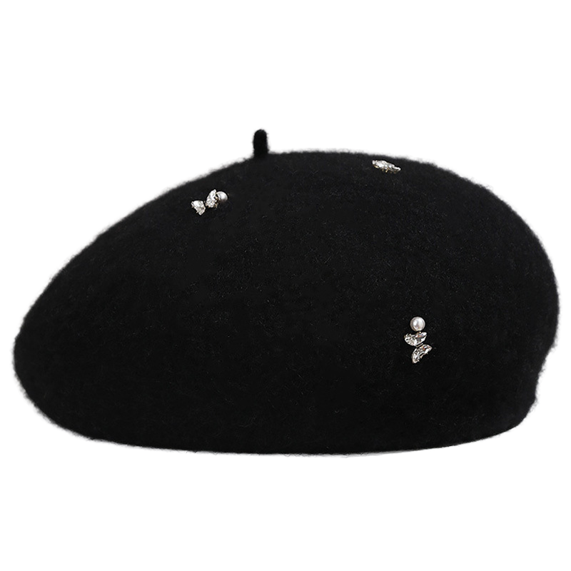 Customized Rhinestone Butterfly Decoration Woolen Beret Ladies Fashionable Casual Warm Autumn Winter Travel Painter's Hat