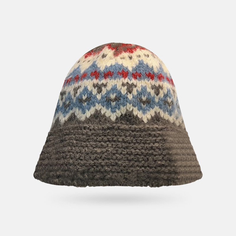 Retro Jacquard Wool Knitted Hat - Winter Woolen Fisherman Bucket Hat for Warmth and Insulation