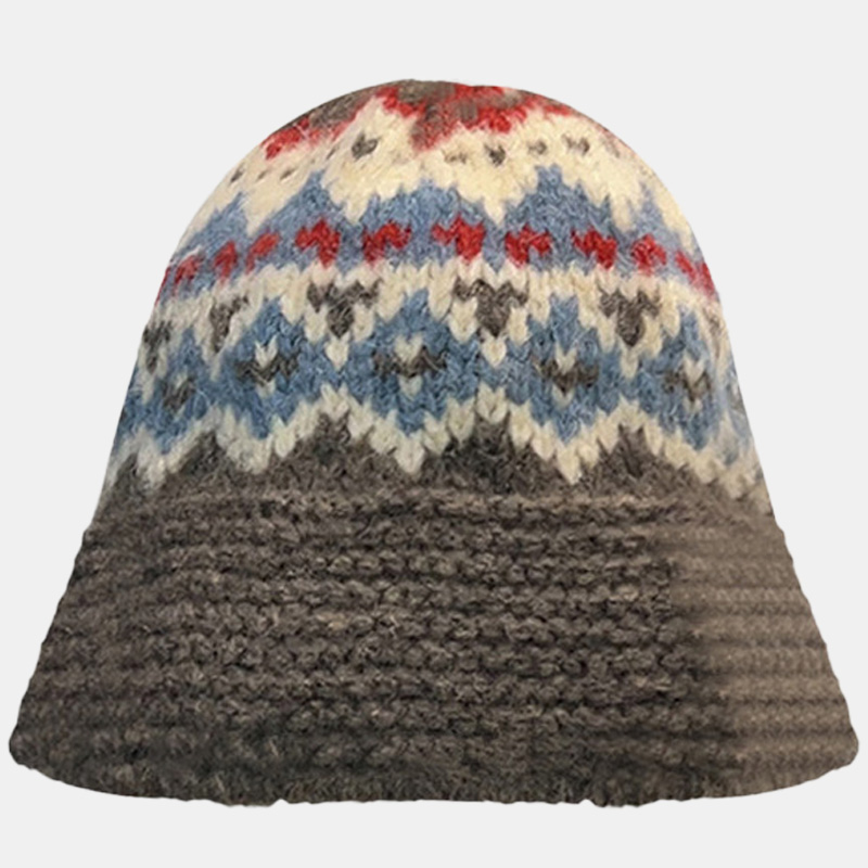 Retro Jacquard Wool Knitted Hat - Winter Woolen Fisherman Bucket Hat for Warmth and Insulation
