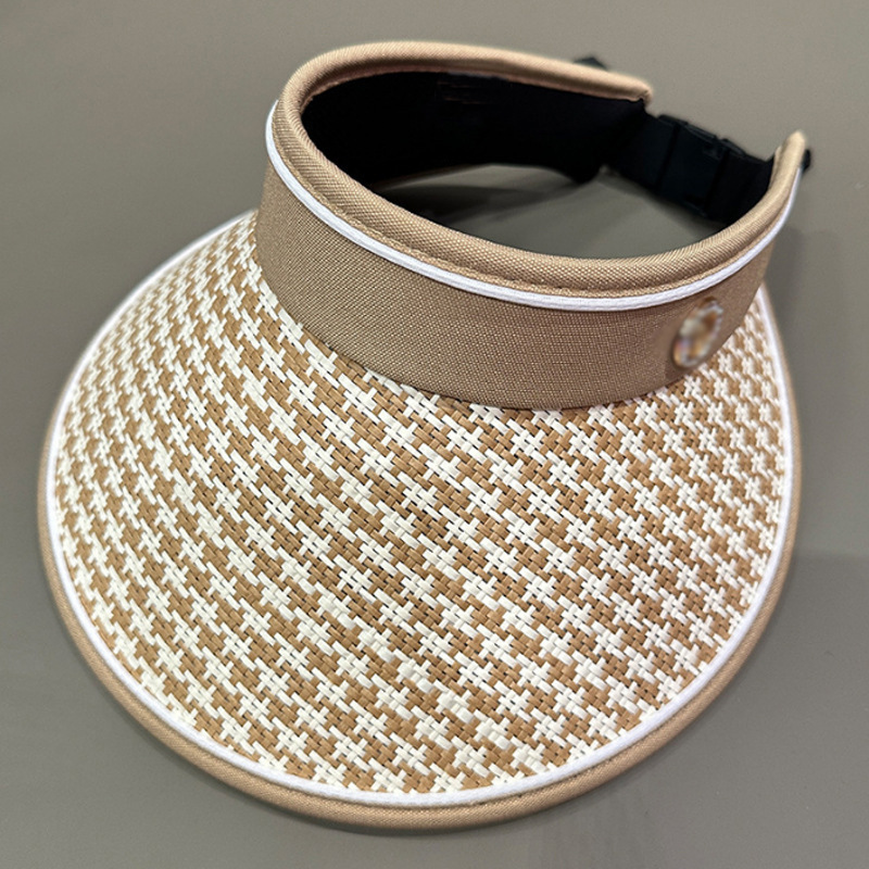 Sun Hat for Women Summer Hat Sunshade Hat Outdoor Straw Hat with Checked Pattern Thousand-bird Pattern Open-top Sun Hat