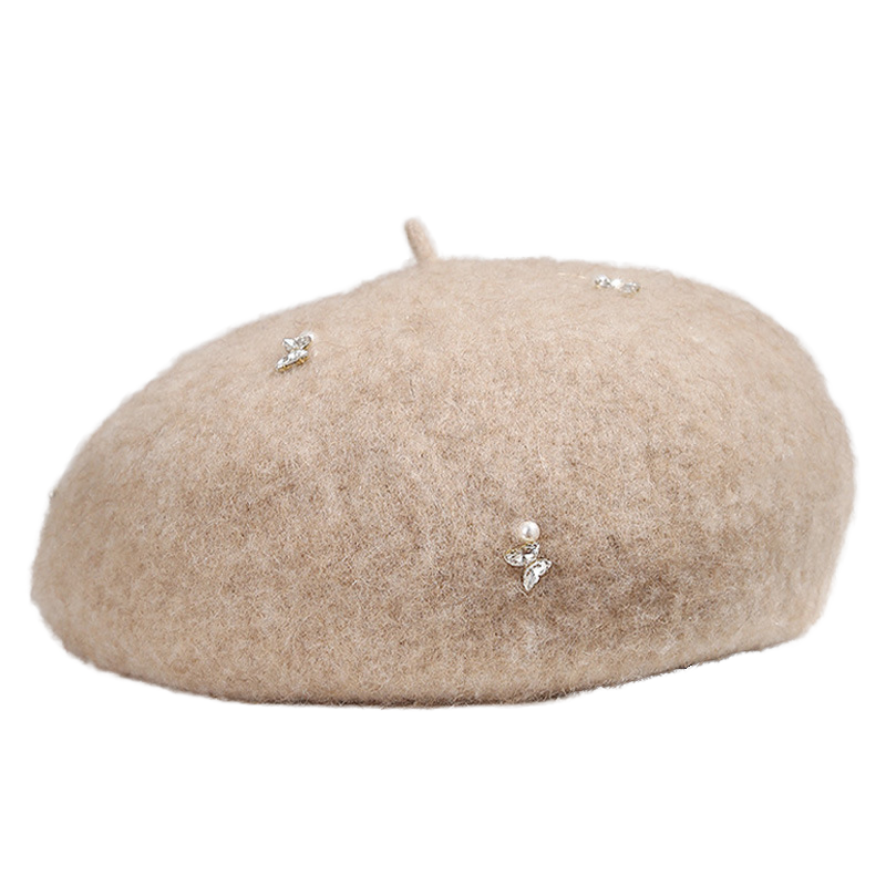 Customized Rhinestone Butterfly Decoration Woolen Beret Ladies Fashionable Casual Warm Autumn Winter Travel Painter's Hat